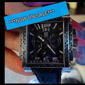 Men's large Prism stainless  chronograph watch.  Black diamonds and sapphires.